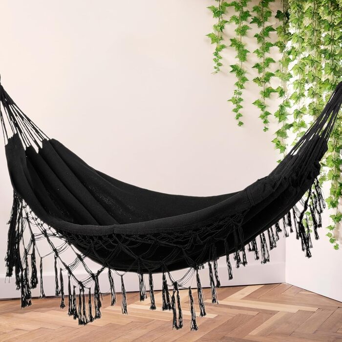 Гамак подвійний 200x150 см, бавовна, до 200 кг, Boho стиль, для саду, балкону, тераси, чорний