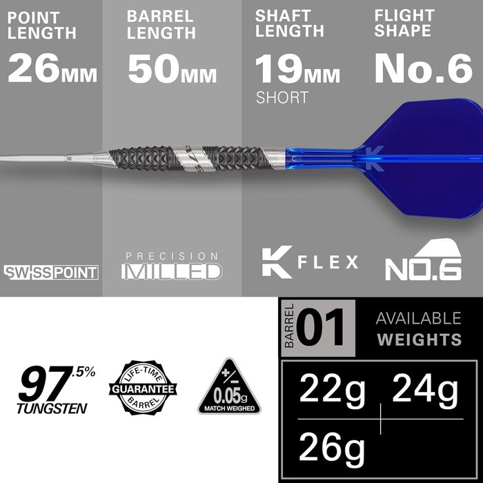 Дартси Target 975 Ultra Marine 97.5% вольфрамові, сталевий наконечник, набір з K-Flex