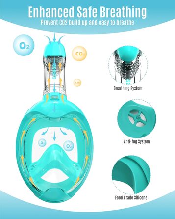 Маска для снорклінгу дитяча G2RISE® полнолицевая, з захистом від CO2, антизапіт, сухе оздоблення, м'ятно-зелена