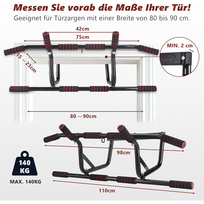 Турнік для дверей Klimmzugstange - турнік для підтягувань на дверний проріз без свердління, з м'якими ручками, 80-90 см