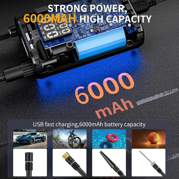 EVARYOO електричний міні-насос 150PSI з акумулятором 6000 мА·г, портативний бездротовий компресор з великим дисплеєм і ліхтарем для авто, мотоцикла, велосипеда та м'ячів
