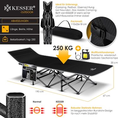 Кемпінгове ліжко KESSER®: складане, портативне, з сумкою, ліхтариком та бічною кишенею. Міцне металеве ліжко, 600D Oxford, чорне, 190 см