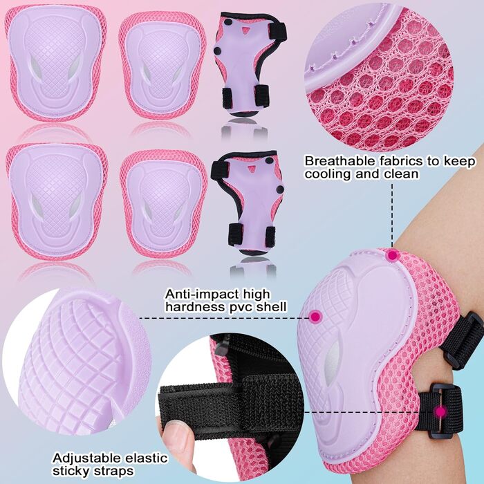 Набір захисту для дітей: шолом, наколінники, налокітники, захист зап'ястків. Розміри: 5-8-10-14-16 років, M (20.5'-22'). Підходить для дівчаток та хлопчиків. Кольори: блакитний, рожевий.