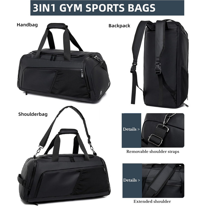 Спортивна сумка 3в1 з відділенням для взуття та мокрих речей – 45L, велика дорожня сумка для фітнесу, подорожей, плавання, сауни та футболу (для чоловіків та жінок)