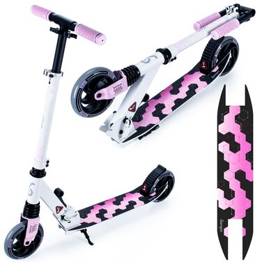 Самокат міський Bergen City Scooter Sonic - алюмінієвий, складаний, колеса PU 145мм, амортизатор, гальмо заднє, регулювання висоти, для дітей від 5 років, легкий, наклейка на деку (білий, чорний, рожевий)