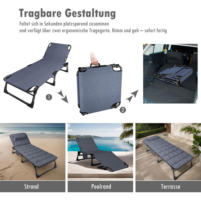 Розкладне шезлонг з регульованою спинкою в 4 положеннях, портативний багатофункціональний лежак для кемпінгу, саду, басейну, патіо - блакитний, з м'яким матрацом та подушкою