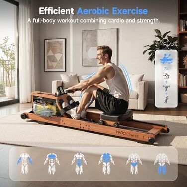 Магнітний тренажер для греблі YPOO для дому: 16 рівнів навантаження, складаний, з LCD-дисплеєм та подвійними напрямними, витримує до 158 кг