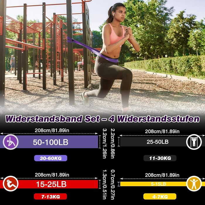 Еластичні гумки для фітнесу, стрічки опору 5-100LB, для силових тренувань, пілатесу, фізіотерапії, йоги, допомога при підтягуванні, для чоловіків та жінок (4 шт.) чорний+червоний+жовтий+фіолетовий