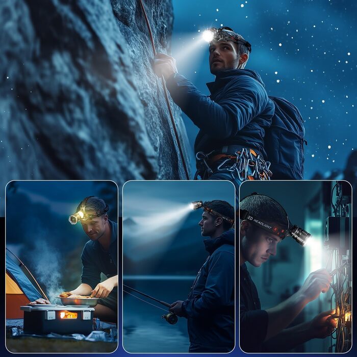 Налобний ліхтар LED акумуляторний, супер яскравий 100000 лм, з датчиком, 9000 мАг, 5 режимів, IP65 водонепроникний, регульований на 90°, для кемпінгу, риболовлі та активного відпочинку