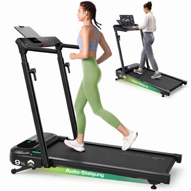 Бігова доріжка Smart Laufband з автоматичним нахилом 9%, 2.5 к.с., складана для дому та офісу, велика платформа, тиха, з KI-додатком та режимами HIIT, чорна