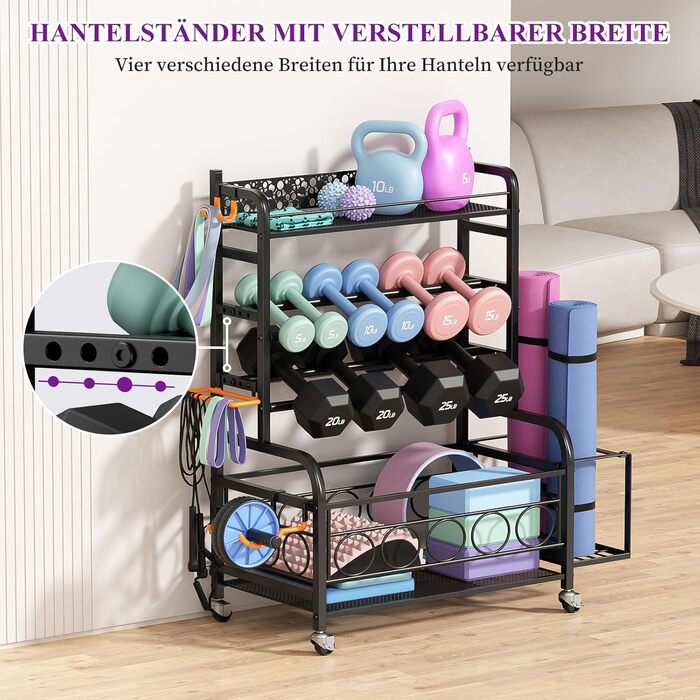 Стойка для гантелей, багаторівнева, з роликами та гачками, для гантелей, йога-матів, фасцій та гир, чорна, для дому