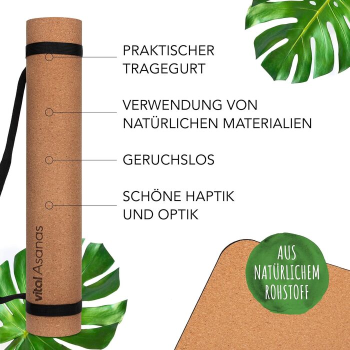 Йога мат Vital Asanas Premium: натуральний корк, протиковзаюча, з ручкою для перенесення. Підходить для йоги, пілатесу та фітнесу