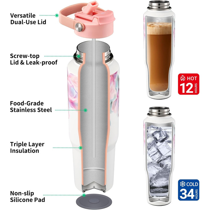 Термос THILY з нержавіючої сталі з кришкою та трубочкою, 1.2л, спортивний, двостінний, з широким горлом, зберігає напої холодними/гарячими цілий день, колір Лаванда (F40 - Рожеві Лілії, модель C: ручка на кришці + компактна основа)