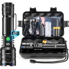 Тактичний ліхтарик Phixter з LED, 100000 люменів, 1 режим, Zoom, USB-C, для активного відпочинку та безпеки
