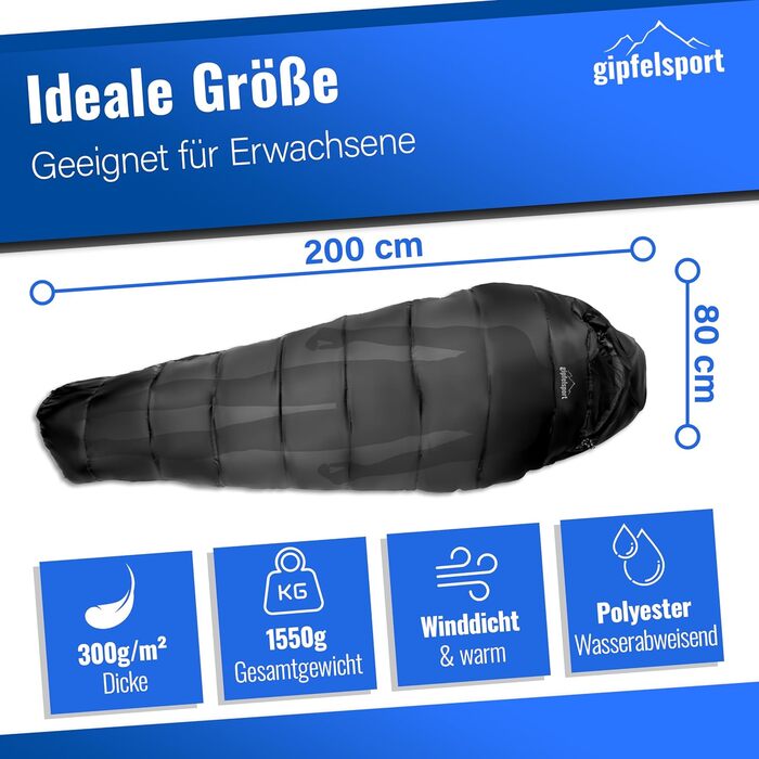Сплячий мішок Gipfelsport Ultraleicht 4 сезони [-20°C до 15°C] | Чорний, ультралегкий, для трекінгу, кемпінгу та подорожей