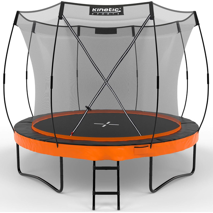 Трамплін KINETIC SPORTS Ultimate Pro для саду – Ø 244/305/366/427 см, сертифікат TÜV Rheinland GS, з металевою драбиною, скловолоконна сітка, дизайн 'Курча', вантажопідйомність до 160 кг (Ø 305 см), колір Sunset Orange