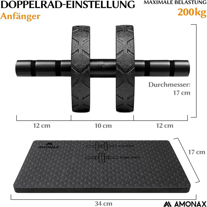 Ролер для пресу Amonax - тренажер для пресу з килимком для колін, для чоловіків та жінок, чорний