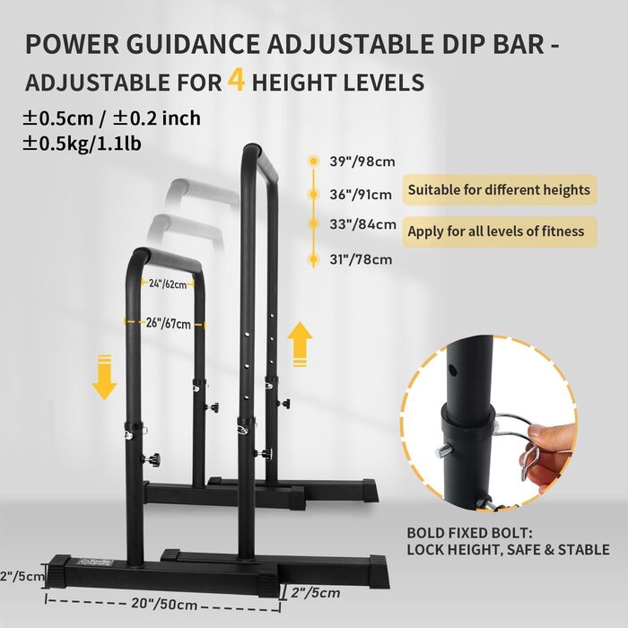 Бруси POWER GUIDANCE для віджимань, квадратні стійкі ніжки, регульована висота 77-98 см, для тренування всього тіла, жовті