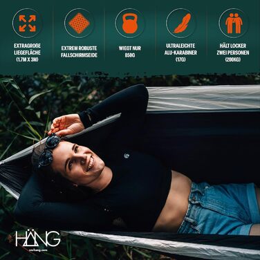 Гамак HÄNG XXL 300x170 см для 2 осіб – вуличний, водостійкий, ультралегкий (850г), вантажопідйомність 200 кг. З парашутної тканини для кемпінгу, подорожей та саду + комплект кріплень (Чорно-білий)