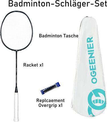 Бадмінтонна ракетка OGEENIER: Графіт, Легка, Професійна, з карбоном, з неслизькою ручкою та сумкою (Чорний)