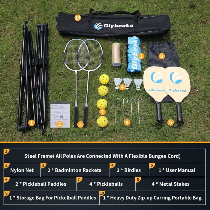 Набір для бадмінтону та піклболу портативний 10 футів з регульованою висотою, 2 ракетки для бадмінтону та 2 піклболу