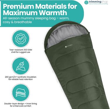 Спальний мішок Mumienschlafsack для дорослих - легкий, компактний, водонепроникний, з капюшоном, 220x85 см, теплий, придатний для прання, для кемпінгу, трекінгу, подорожей, зелений