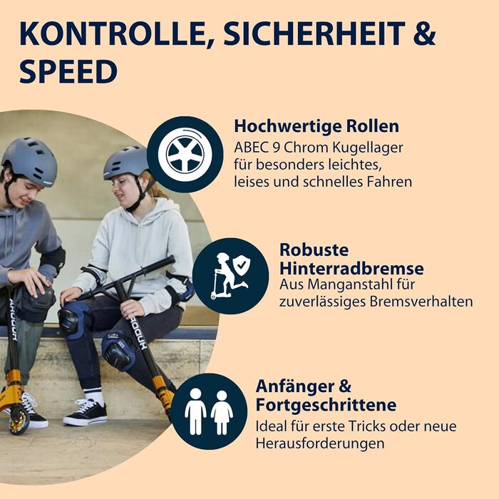 Скутер HUSORA XR-25.1 для трюків та міста: 360° кермо, ABEC 9 підшипники, золотий