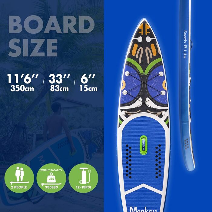 Надувна SUP-дошка FunWater Monkey для дорослих, повний комплект: весло, помпа, рюкзак, страхувальний шнур, водонепроникна сумка