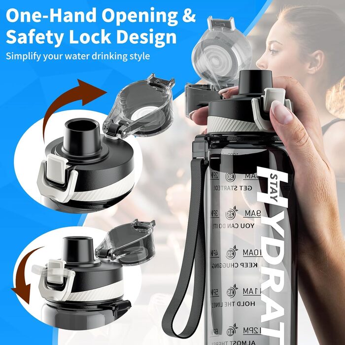 Спортивна пляшка для води 1л Tritan без BPA з міткою часу, сіра (1000 мл)