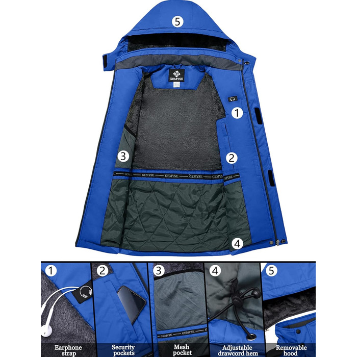 Куртка для сноуборду GEMYSE чоловіча, вітронепроникна, водонепроникна, з флісовою підкладкою, зимова, з капюшоном, для активного відпочинку (L, блакитний, сірий)