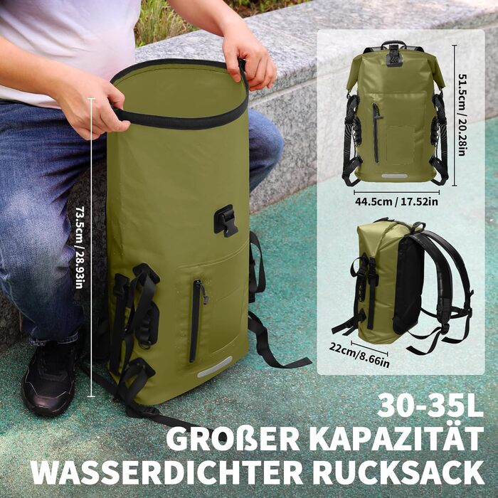 Водонепроникний рюкзак ioutdoor 30-35 л, rolltop, для водних видів спорту, велоспорту та туризму, з м'якими лямками та водонепроникною блискавкою