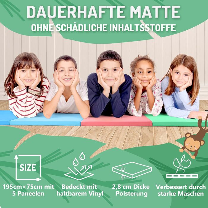 Складаний гімнастичний мат для фітнесу та дітей 195 x 75 x 3 см, м'яка спортивна підкладка для тамблінгу та активних ігор з ручками для перенесення (дизайн: мультфільм)