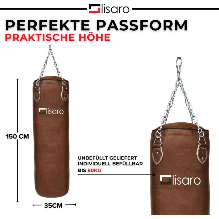 Боксерський мішок Lisaro Profi 150 см | Для будь-якого виду спорту | 40 кг | З наповнювачем/без наповнювача | Сталева ланцюгова підвіска | Штучна шкіра (вініл) | Студійна якість | Колір: Коричневий