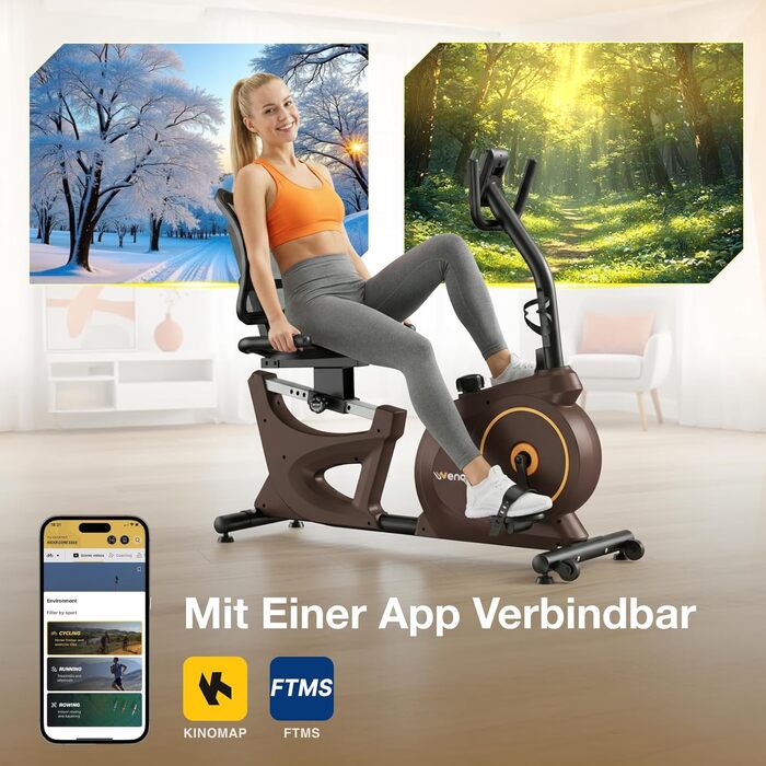 Ергометр для дому з магнітною гальмом, датчиками пульсу та LCD-дисплеєм, 15 рівнів опору, з підніжкою для спини, для людей похилого віку. Міцна конструкція, декілька налаштувань, колір горіх.