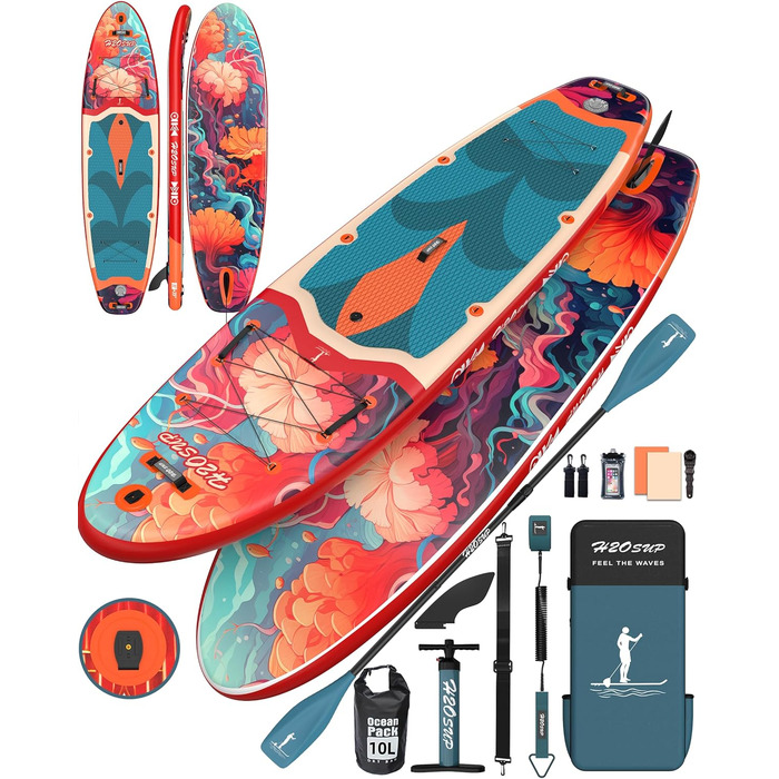 Надувний SUP дошка H2OSUP Stand Up Paddling Board - широка, з аксесуарами, для всіх рівнів, червона