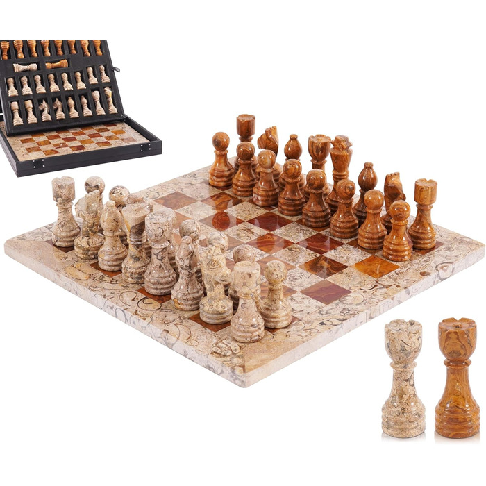 Шаховий набір з мармуру для дорослих, ручної роботи, 32 фігури, 2 додаткові королеви, коробка для зберігання, розкішна подорожна гра, елегантний подарунок для дому (кораловий & темно-коричневий)