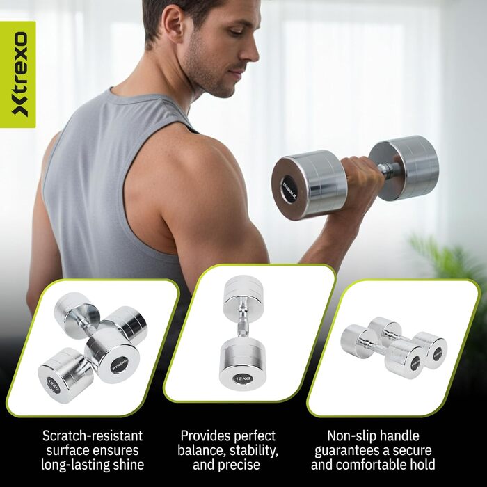 Набір гантелей XTREXO Verte Kurz – 2 шт. (2.5–12 кг) – сталеві гантелі з неслизьким грифом, міцна поверхня, довговічні – ідеальні для силових тренувань вдома та в спортзалі (хром, 2 x 12 кг)