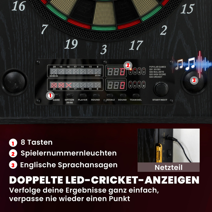 Електронна дартс-дошка E Dartboard з дверцятами, що імітують дерево, LED-дисплеєм, голосовими підказками, 6 дротиками та 24 запасними наконечниками.