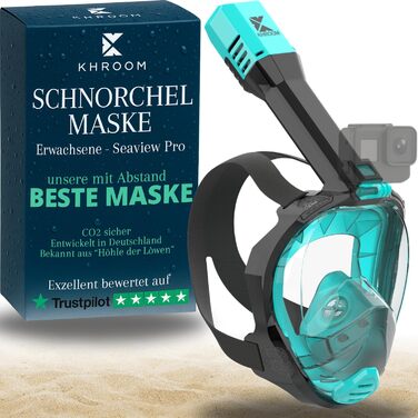 Маска для снорклінгу Khroom Seaview Pro для дорослих (L/XL, бірюзова) з сітчастим мішком | Повнолицьова маска для дайвінгу з захистом від CO2