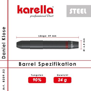 Дротики Karella Steeldart Daniel Klose 24 г, 90% вольфраму, металевий наконечник, для класичної дартс-дошки, 2 набори оперень