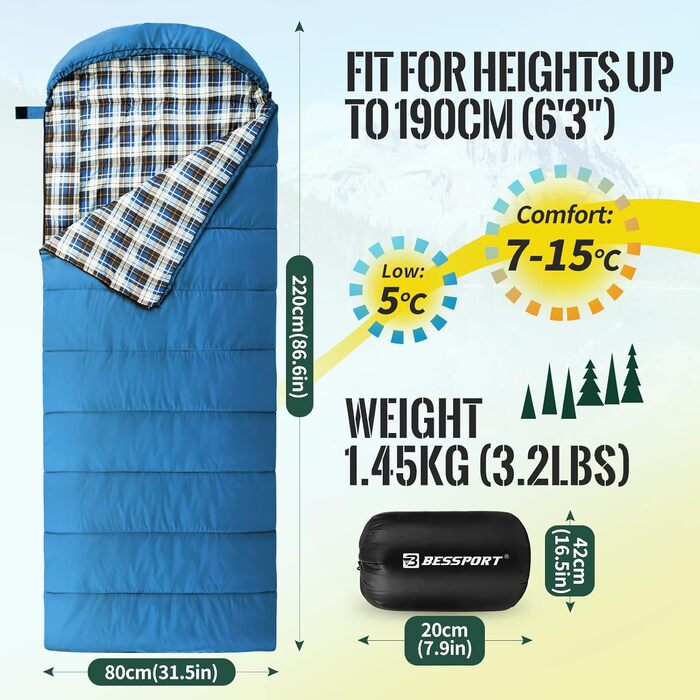 Спальний мішок Bessport зимовий для дорослих, 3-4 сезони, легкий, ультралегкий, компактний, водонепроникний, для кемпінгу, трекінгу та подорожей, блакитний