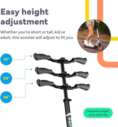 Lascoota Роликовий самокат для дітей від 8 років - дорослий, складний, регульована висота, амортизація переднього колеса, ремінь на плече, колеса 20 см, великий самокат для підлітків, колір: блакитний