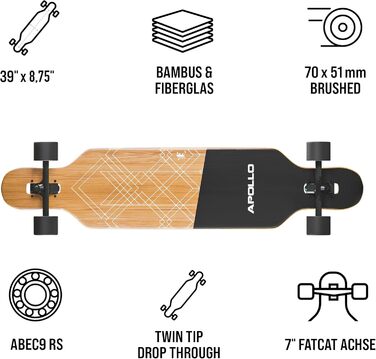Лонгборд Apollo Bali Slide, бамбук і скловолокно, ABEC 9, Flex 2, для підлітків і дорослих, професійний круїзер