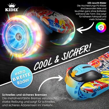 Дитячий самокат KIDIZ X-Pro2 триколісний, складаний, з LED колесами, PU, регульована висота, для хлопчиків і дівчаток 3-12 років