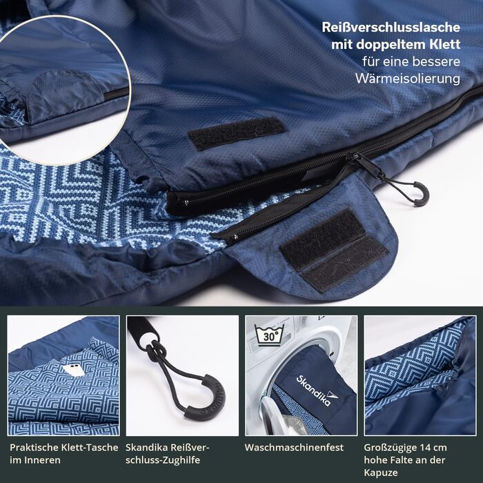 Спальний мішок Skandika Dundee Flanell: бавовна, преміум-якість, з'єднується, двомісний, 3 сезони, до -20°C, 220 x 80/160 см, Outdoor, Indigo, для кемпінгу
