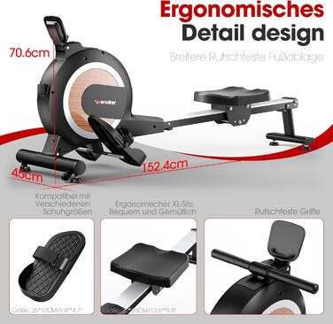 Веномкер тренажер для греблі, магнітний, для дому, 16 рівнів опору, 160 кг, з'єднання з APP, чорний