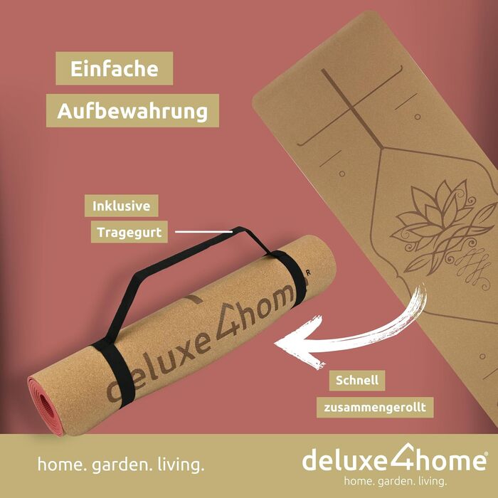 Йога мат для фітнесу Deluxe4Home® з корку, TPE, з ручкою для перенесення, з лінійками для вирівнювання, червоний