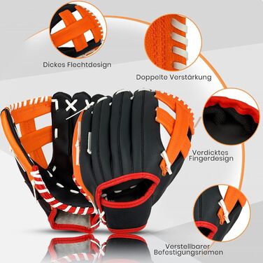 Рукавиця для бейсболу та софтболу з м'ячем, дитяча та доросла, потовщена, змагальна, помаранчево-чорна, 11.5 дюймів