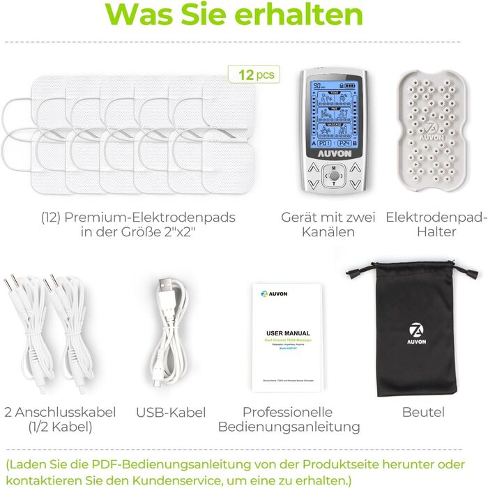 Пристрій TENS EMS AUVON: 2 канали, 24 режими, 12 електродів для зняття болю та масажу спини та шиї