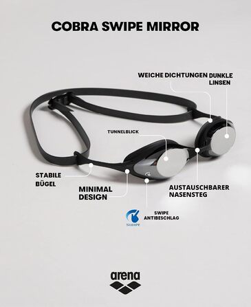 Окуляри для плавання Arena Cobra Original Swipe Mirror (NS AQUA-BLACK) - дзеркальні, антифог, UV-захист, 4 носики